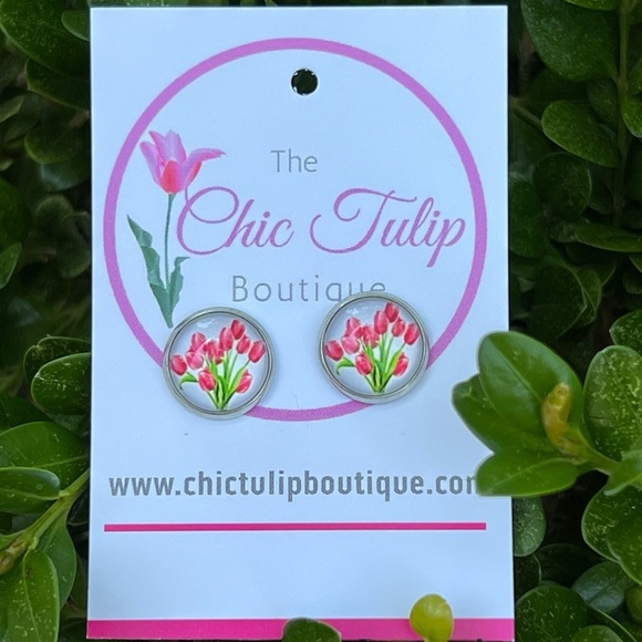Red Tulip Earrings Inspired earrings Stud Cute Red Bouquet Flower Earrings Round - Picture 1 of 12